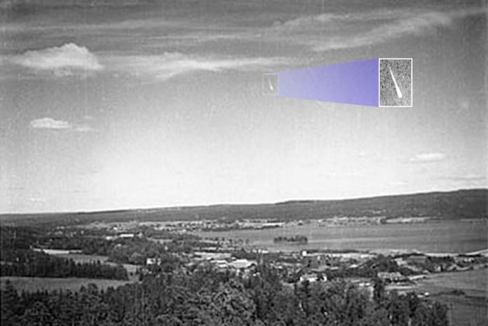 Imagem de um Foguete Fantasma da Escandinávia, tirada em 1946 na Suécia